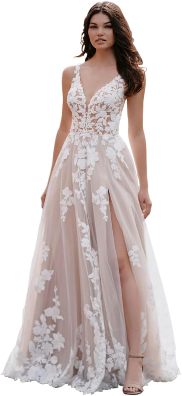 Loyeloy Women's Wedding Dresses for Bride 2025 Sexy V Neck Slit Lace Bridal Wedding Gowns for Bride YJ010-BMbridal.UK