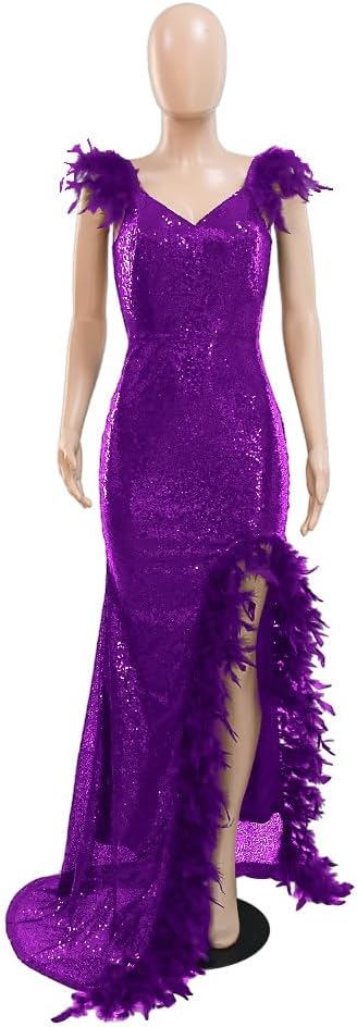 Women's Sexy Sequin Feather Prom Dresses 2025 High Slit Deep V Neck Evening Formal Masquerade Ball Gown Maxi Dress-BMbridal.UK