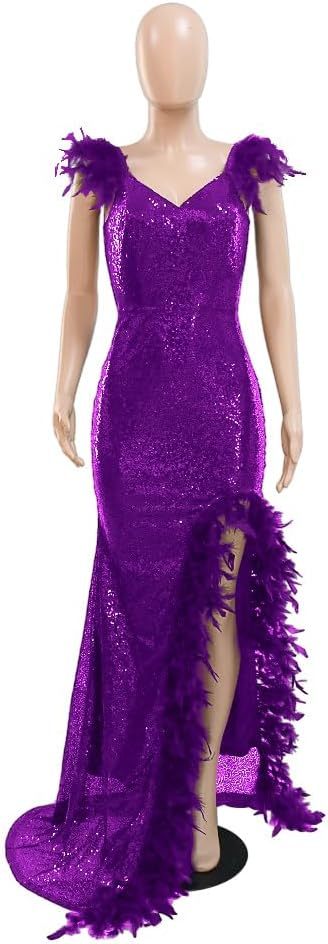 Women's Sexy Sequin Feather Prom Dresses 2025 High Slit Deep V Neck Evening Formal Masquerade Ball Gown Maxi Dress-BMbridal.UK