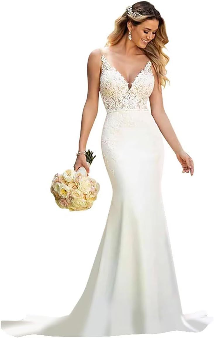 Women's Beach Spaghetti Strap Wedding Dresses for Bride 2025 Boho Long Lace Bridal Gowns for Wedding-BMbridal.UK