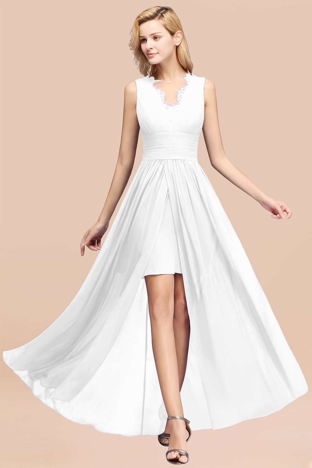 BMbridal Elegant Chiffon Lace Jewel Sleeveless Bridesmaid Dress with Ruffle-BMbridal