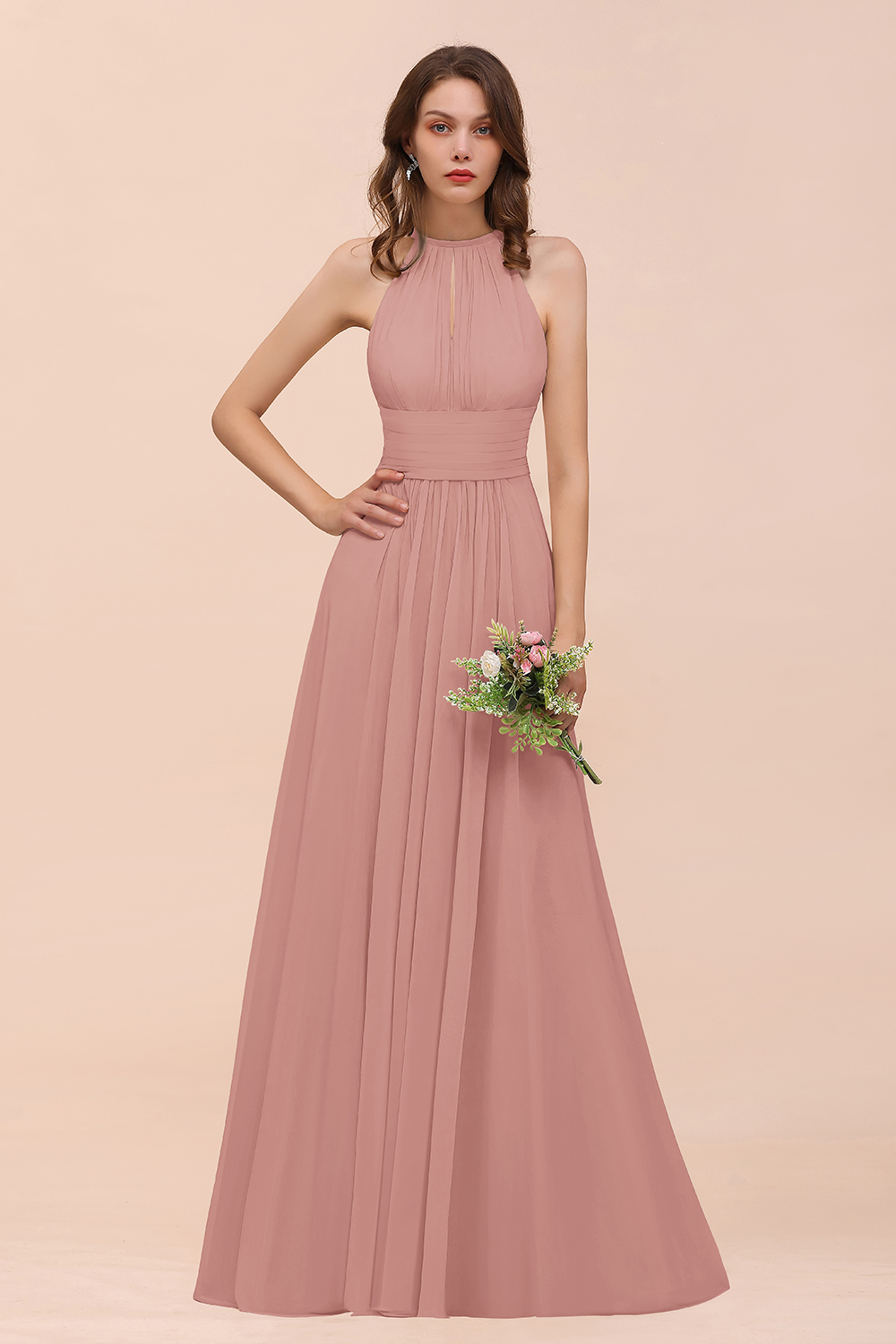 BMbridal Elegant Chiffon Jewel Ruffle Champagne Affordable Bridesmaid Dress Online-BMbridal