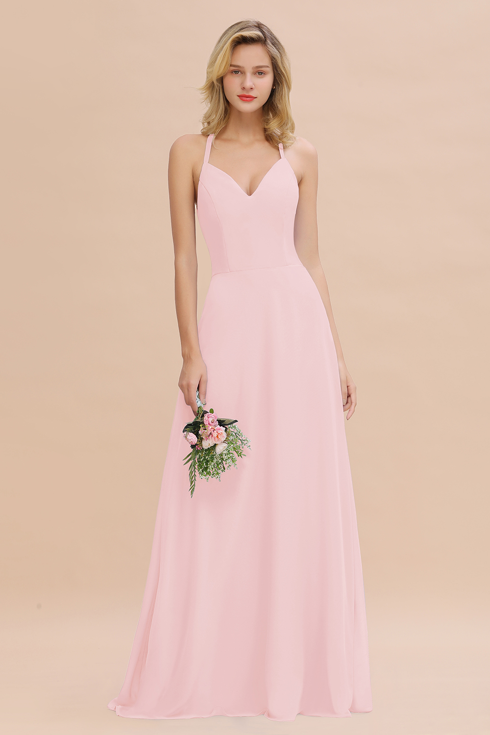 BMbridal Modest Halter V-Neck Sleeveless Long Bridesmaid Dresses Online-BMbridal