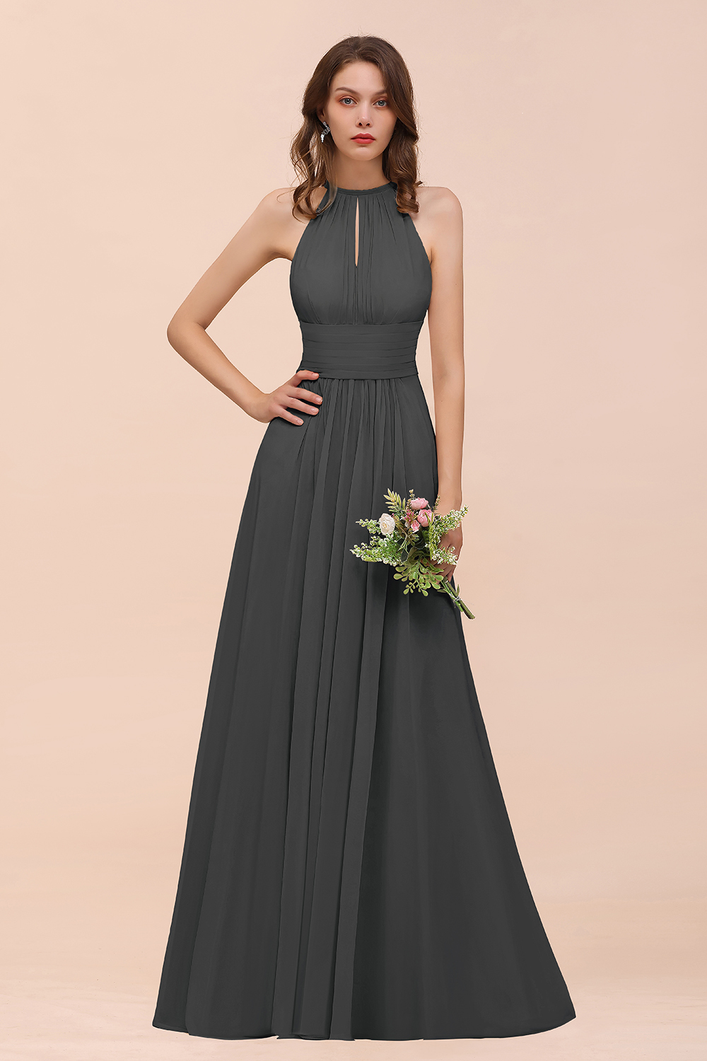BMbridal Elegant Chiffon Jewel Ruffle Champagne Affordable Bridesmaid Dress Online-BMbridal
