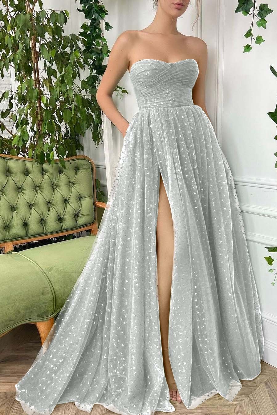 Tulle Sleeveless Strapless Long Split Prom Dress With Pleated