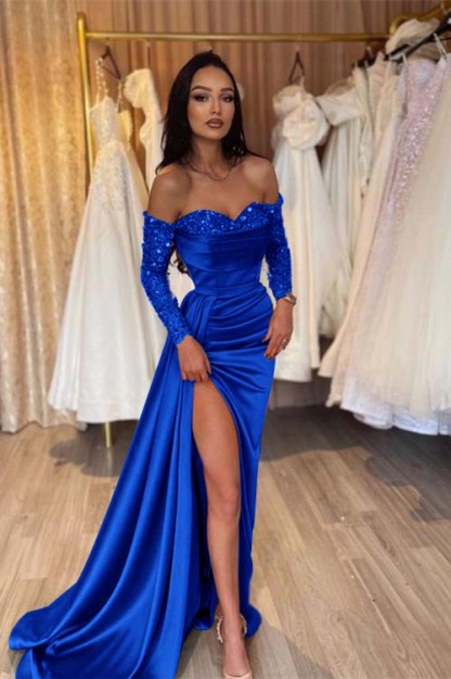 Off the Shoulder Long Sleeves Long Mermaid Prom Dress With Pleated