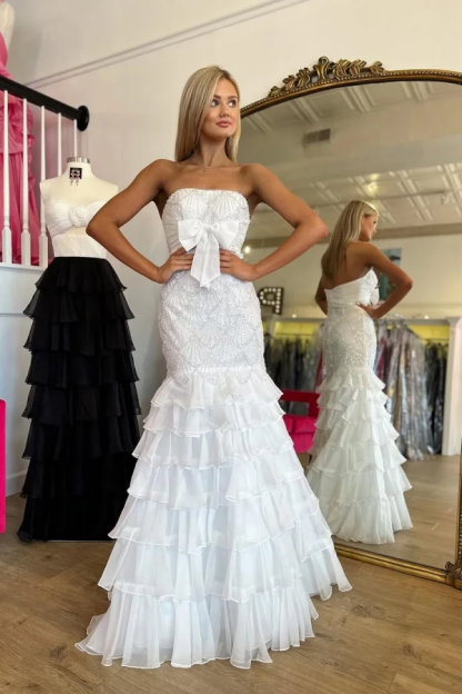 Strapless Sleeveless Long Mermaid Prom Dress With Beading Ruffle