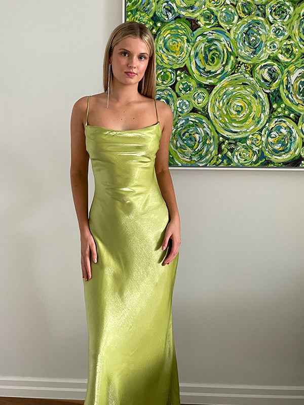 Light Green Sheath Spaghetti Straps Long Prom Party Dress with Backless