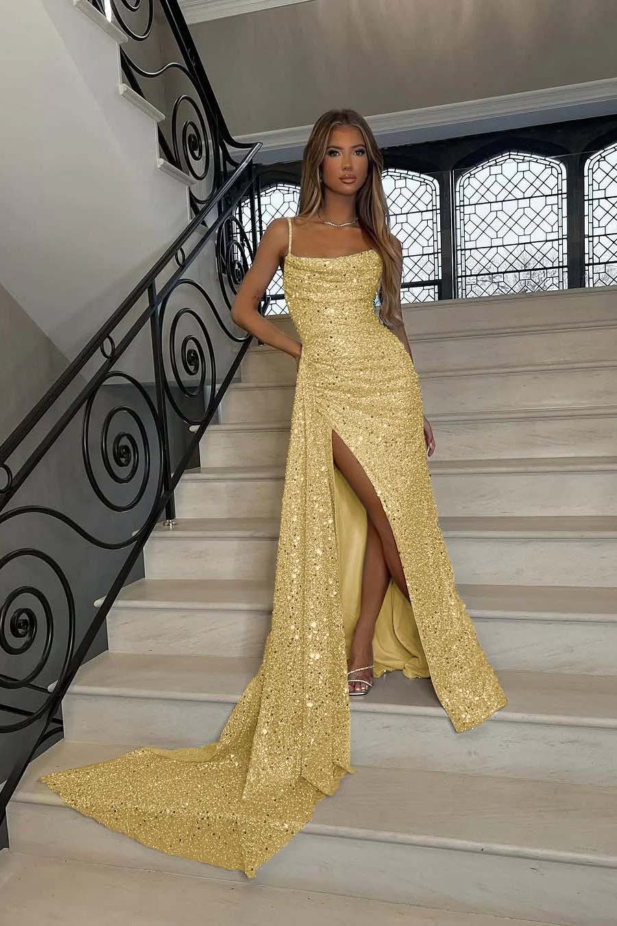 Sequins Spaghetti Strap Sleeveless Long Mermaid Prom Dress With Split