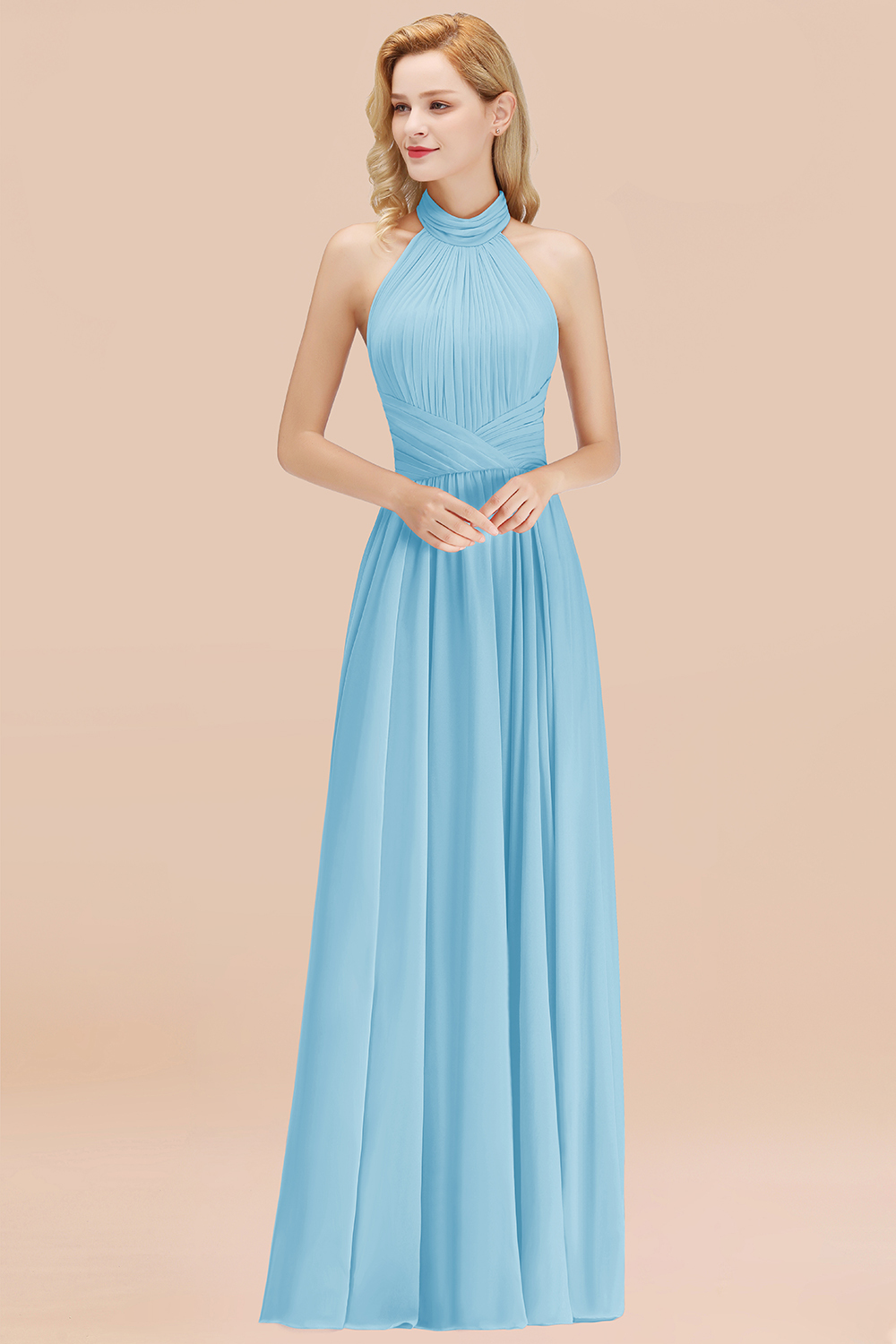 BMbridal Gorgeous High-Neck Halter Backless Bridesmaid Dress Dusty Rose Chiffon Maid of Honor Dress-BMbridal