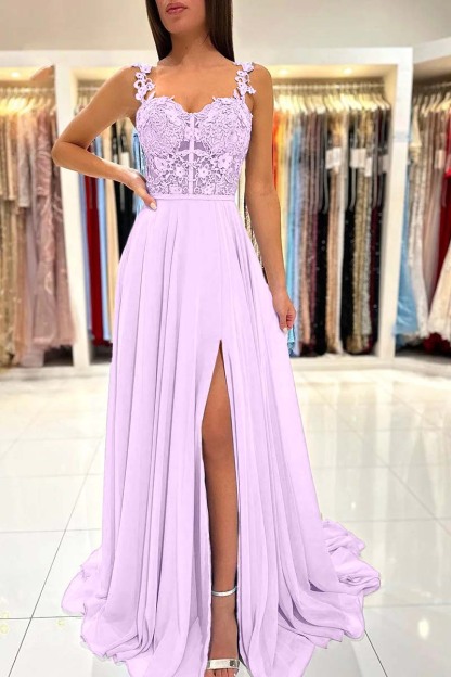 Straps Sleeveless Long A Line Split Prom Dress With Appliques