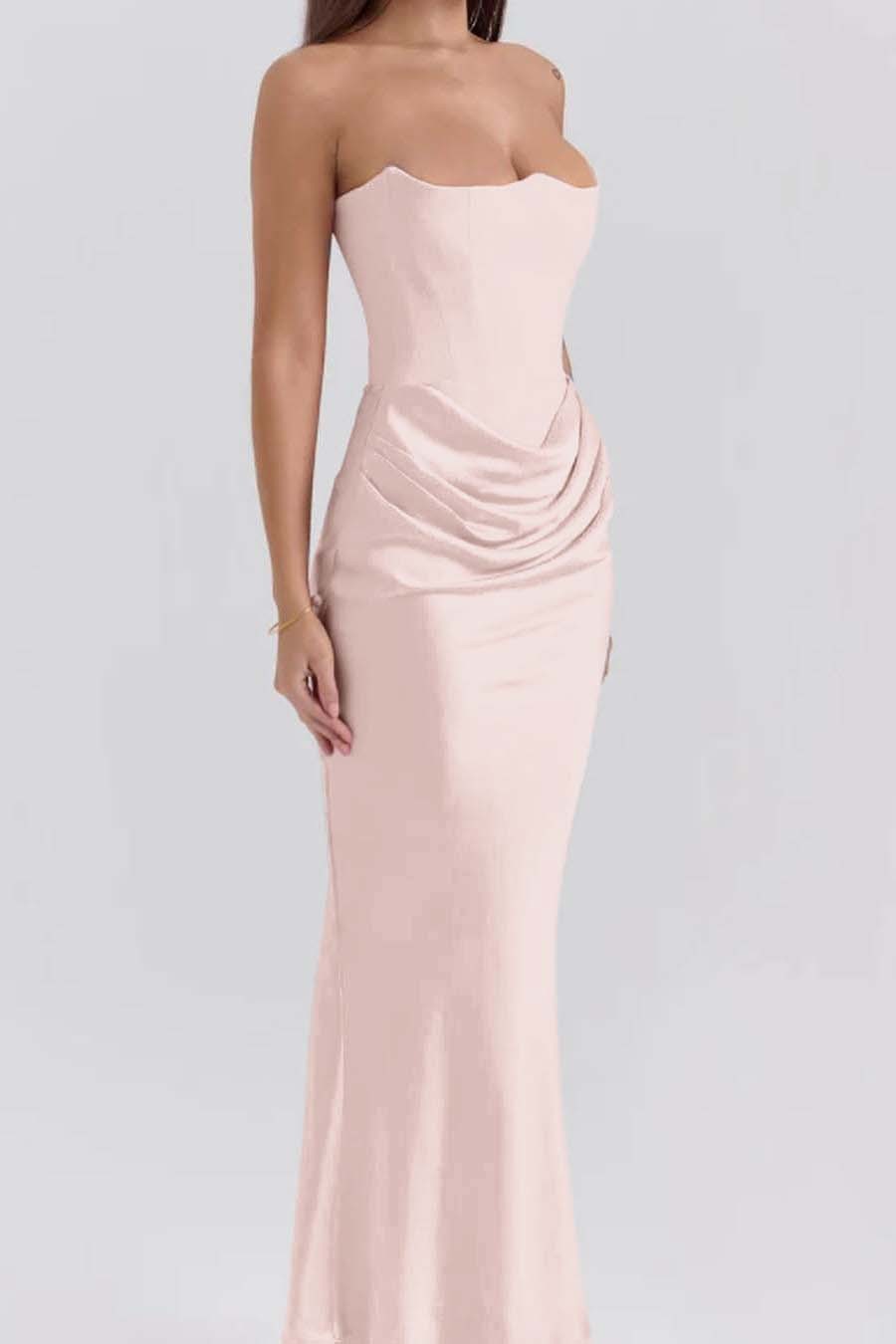 Pink Strapless Sleeveless  Mermaid Long Prom Dress With Pleated