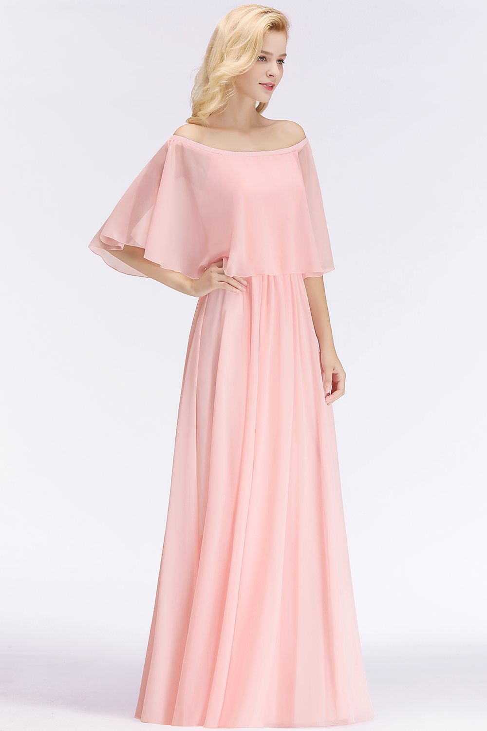 BMbridal Affordable Flounced Crinkle Halter Bridesmaid Dresses Modest Pink Chiffon Wedding Party Dress-BMbridal
