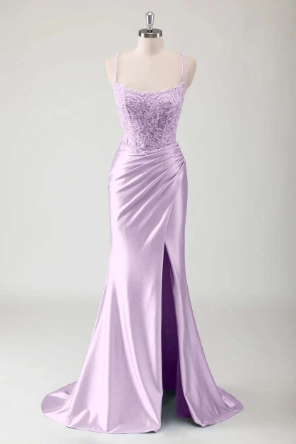Spaghetti Strap Sleeveless Long High Split Prom Dress With Appliques