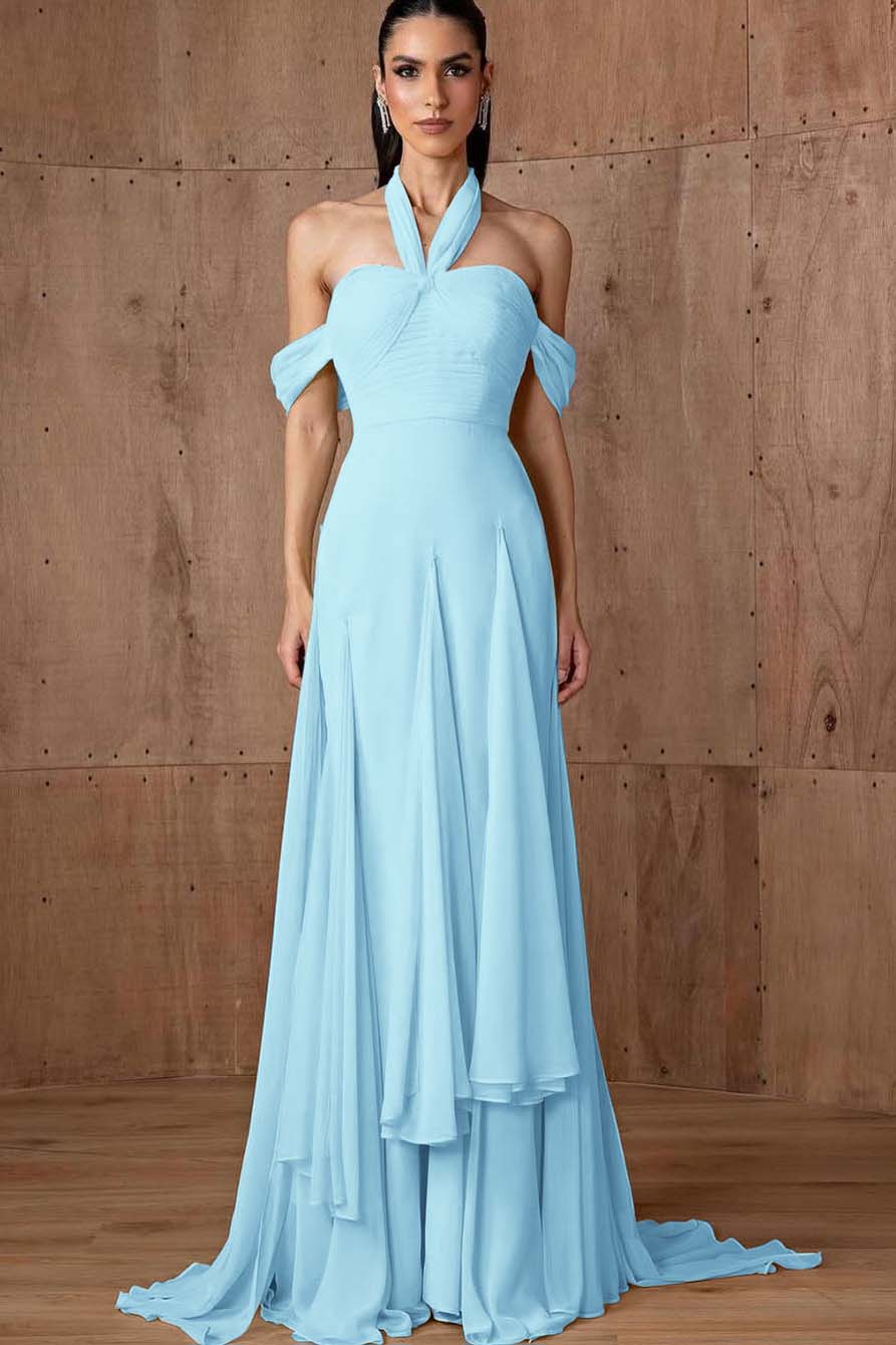 Halter Off the Shoulder Sleeveless Long Prom Dress With Ruffles