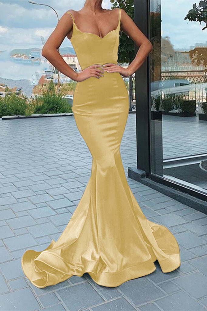 Chic Black Spaghetti Strap Sleeveless Long Mermaid Prom Dress With Pleated