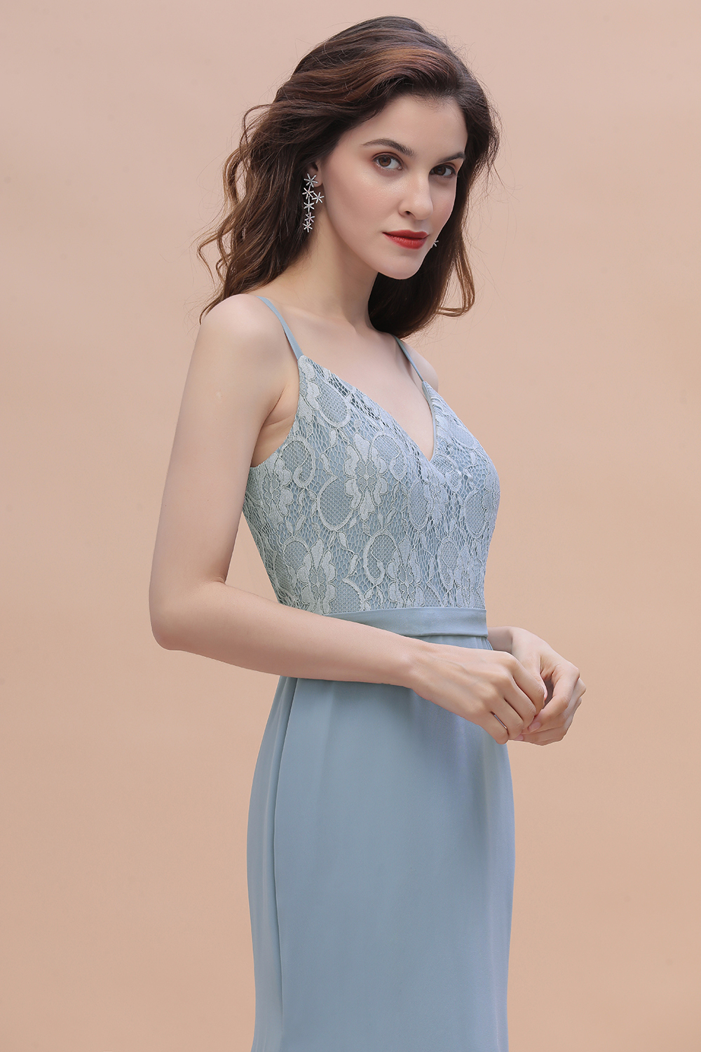 BMbridal Elegant Mermaid Chiffon Lace Dusty Blue Bridesmaid Dress with Spaghetti Straps On Sale-BMbridal