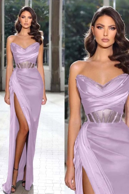 Strapless Sleeveless Long Mermaid Prom Dress With Split Pleated