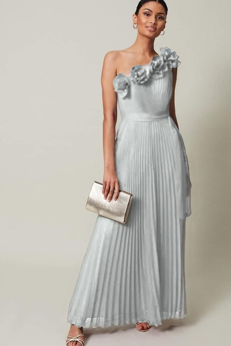Chiffon One Shoulder Sleeveless Long Prom Dress With Pleated