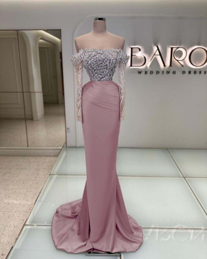 Off the Shoulder Long Sleeves  Long Mermaid Prom Dress With Beading