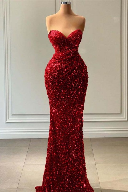 Blue Sleeveless Mermaid Sequins Prom Dress Sweetheart With Pleated