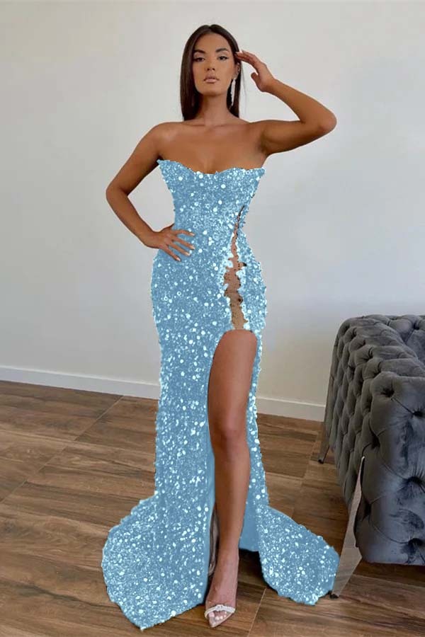 Amazing Dark Green Strapless Sleeveless Mermaid Prom Dress With Sequins