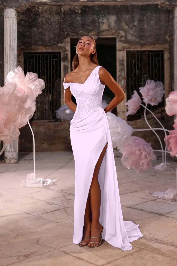 Sleeveless One Shoulder Long Split Prom Dress With Pleated Sequin