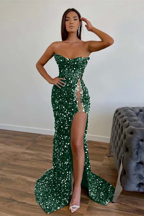 Amazing Dark Green Strapless Sleeveless Mermaid Prom Dress With Sequins