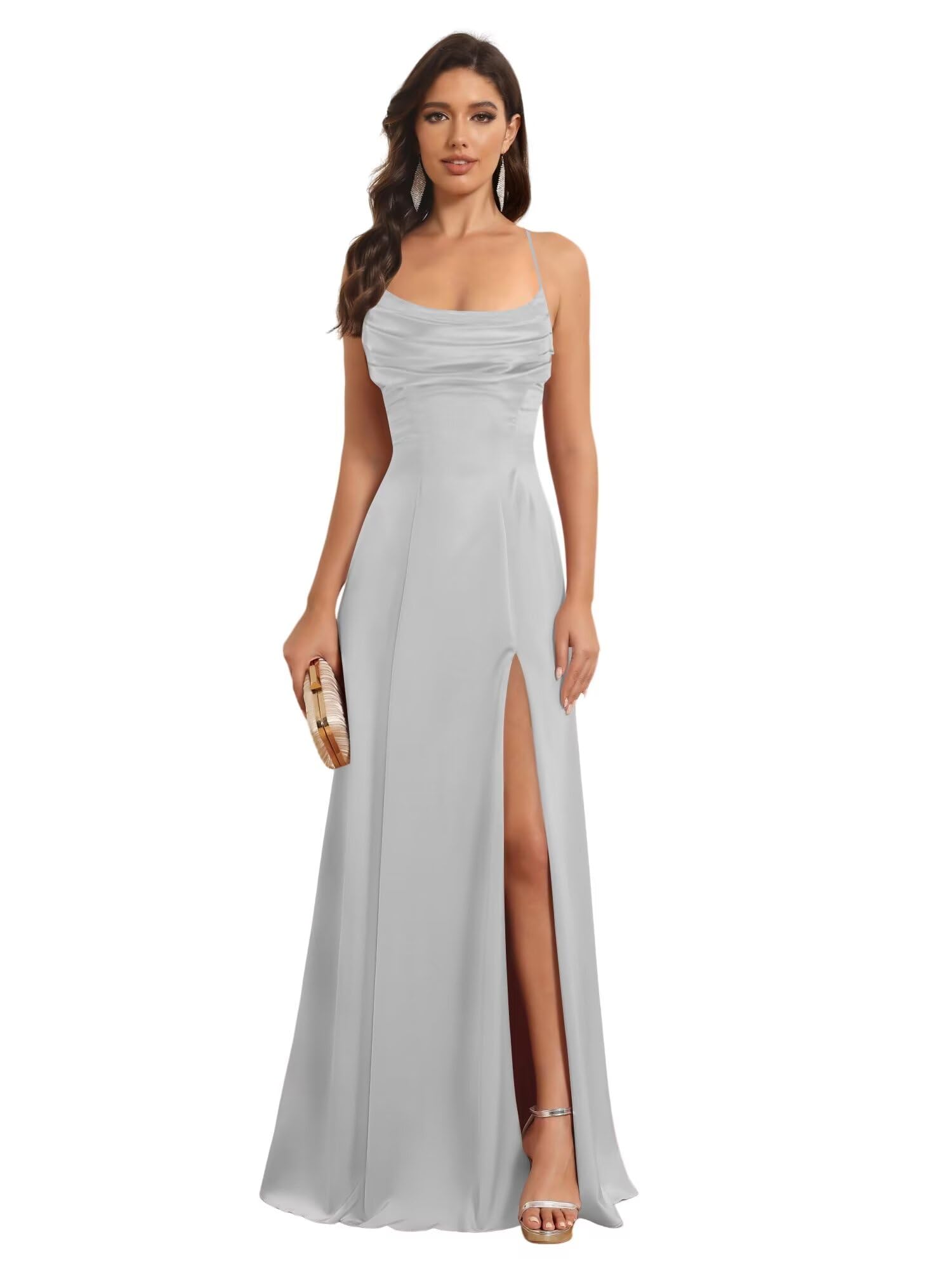 Satin Spaghetti Strap A-Line Floor-Length Bridesmaid Dress with Side Slit