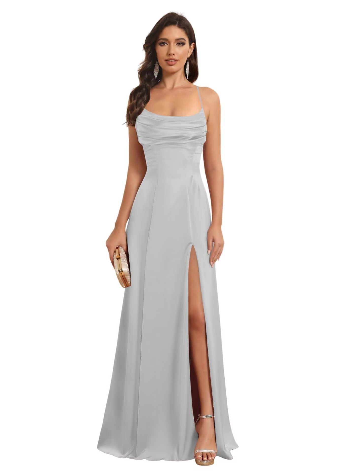 Satin Spaghetti Strap A-Line Floor-Length Bridesmaid Dress with Side Slit