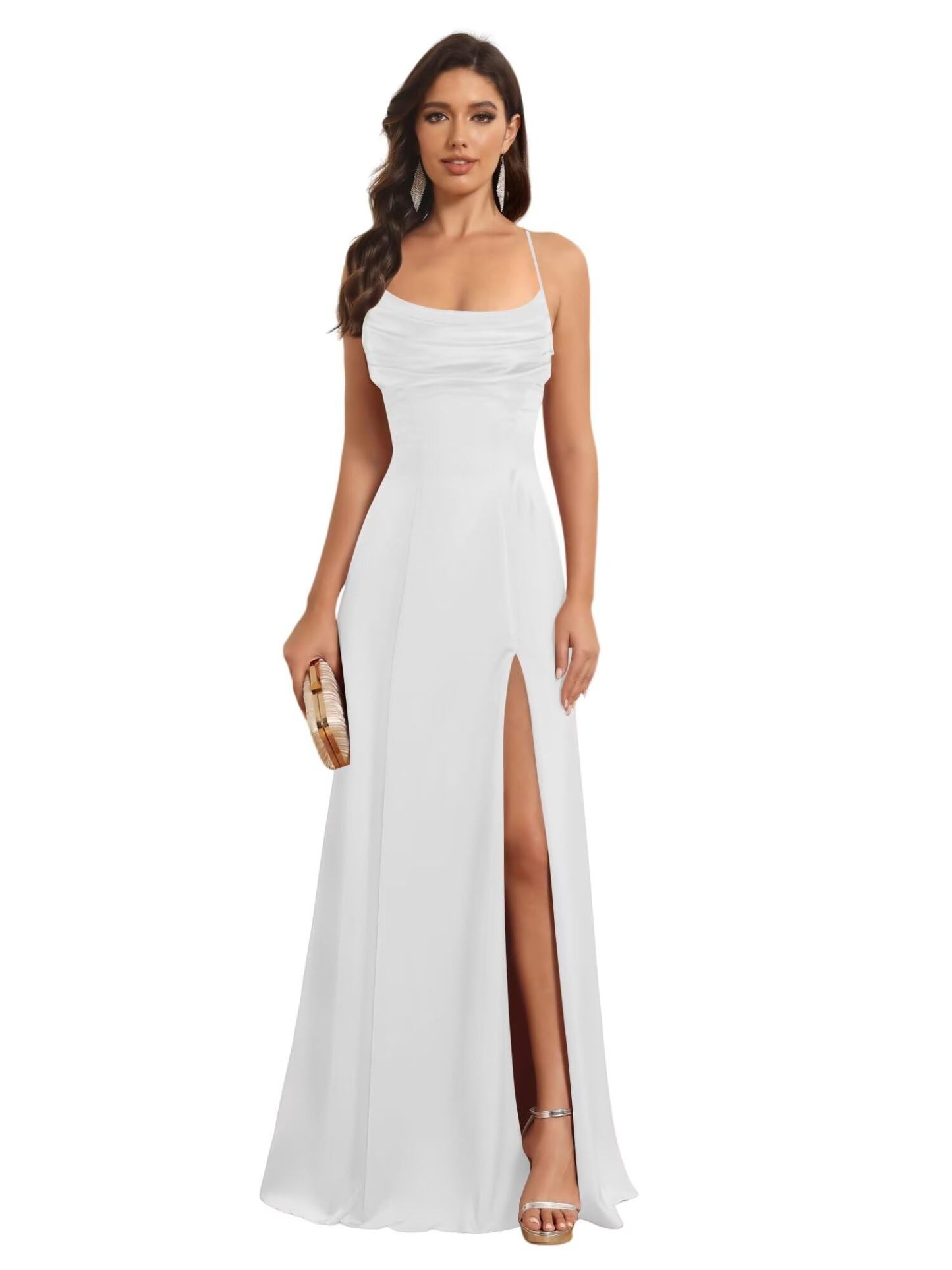 Satin Spaghetti Strap A-Line Floor-Length Bridesmaid Dress with Side Slit