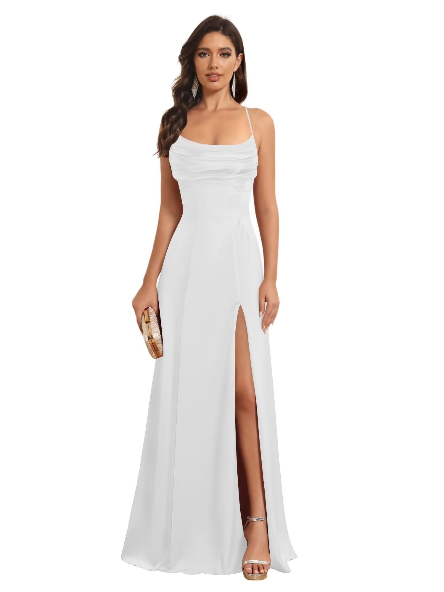 Satin Spaghetti Strap A-Line Floor-Length Bridesmaid Dress with Side Slit