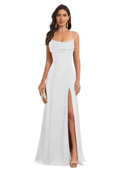 Satin Spaghetti Strap A-Line Floor-Length Bridesmaid Dress with Side Slit