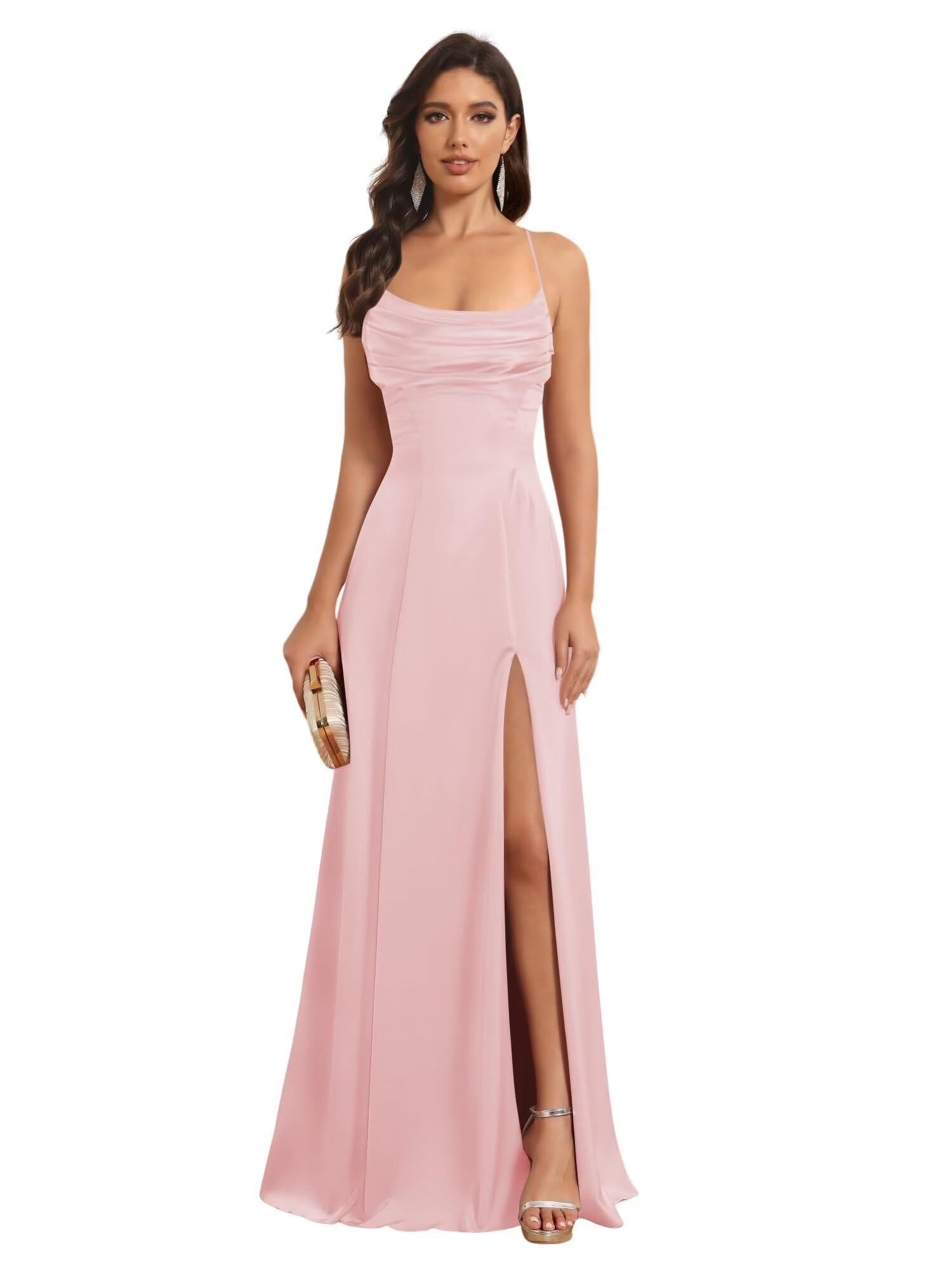 Satin Spaghetti Strap A-Line Floor-Length Bridesmaid Dress with Side Slit