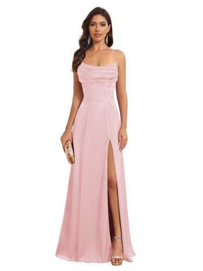 Satin Spaghetti Strap A-Line Floor-Length Bridesmaid Dress with Side Slit