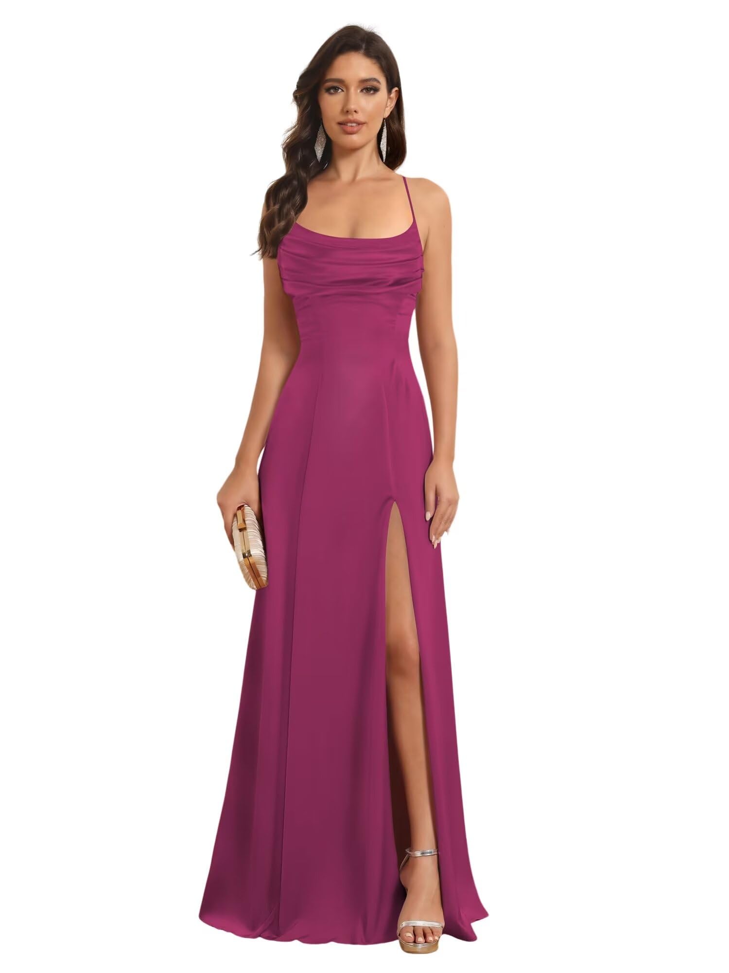 Satin Spaghetti Strap A-Line Floor-Length Bridesmaid Dress with Side Slit