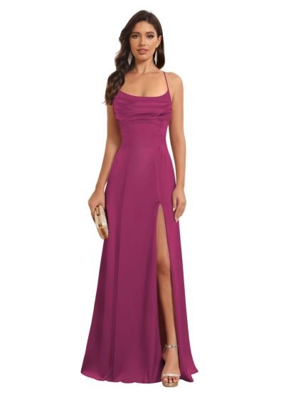 Satin Spaghetti Strap A-Line Floor-Length Bridesmaid Dress with Side Slit