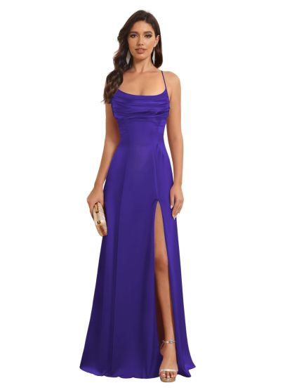 Satin Spaghetti Strap A-Line Floor-Length Bridesmaid Dress with Side Slit