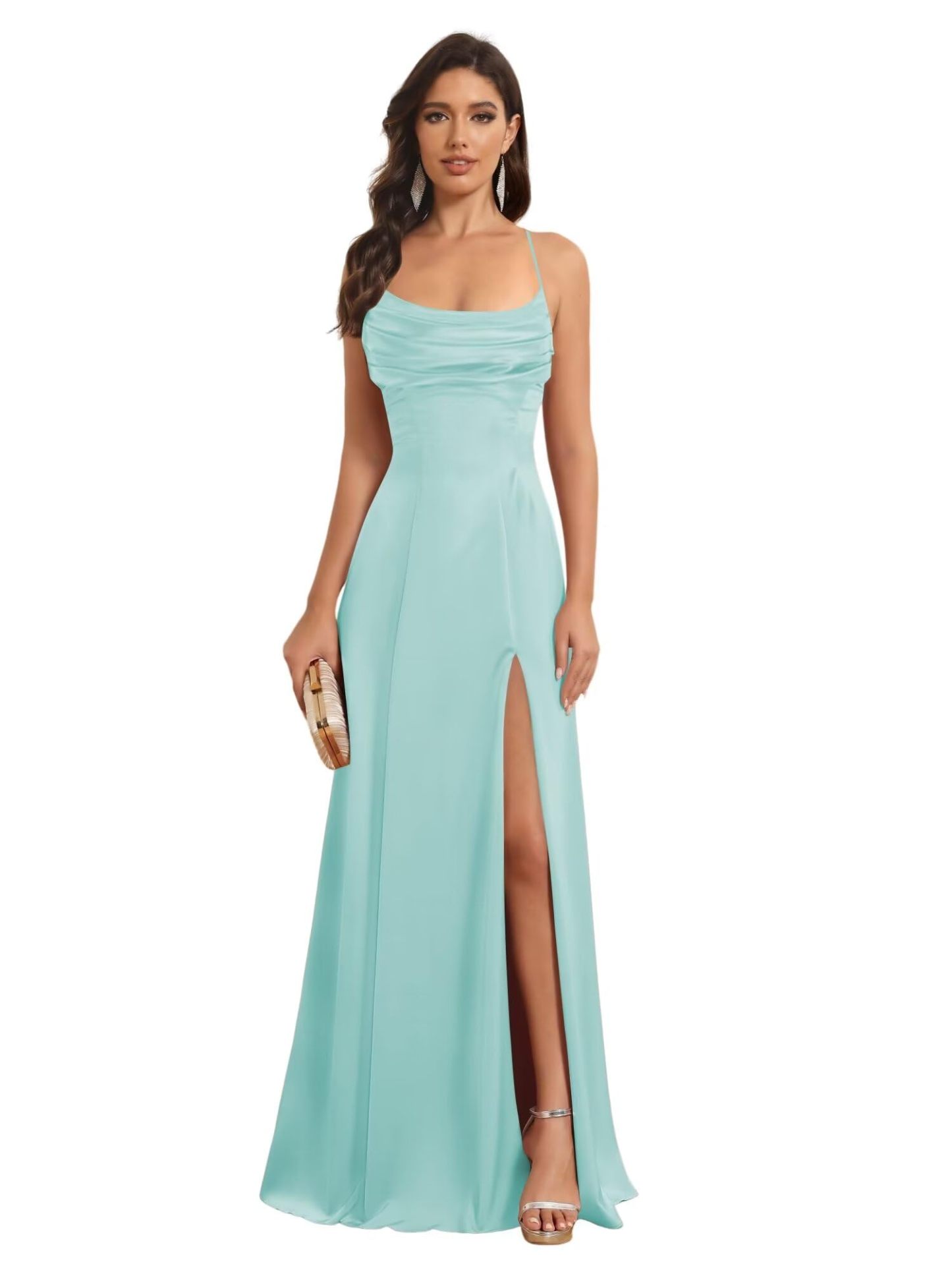 Satin Spaghetti Strap A-Line Floor-Length Bridesmaid Dress with Side Slit