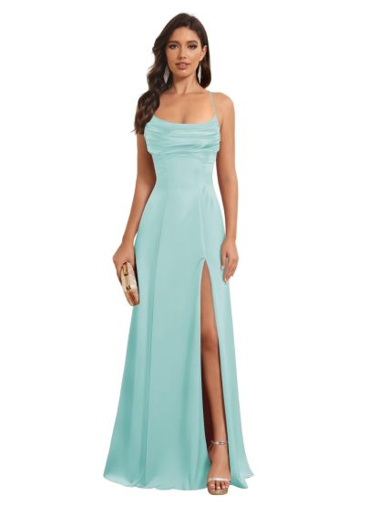 Satin Spaghetti Strap A-Line Floor-Length Bridesmaid Dress with Side Slit