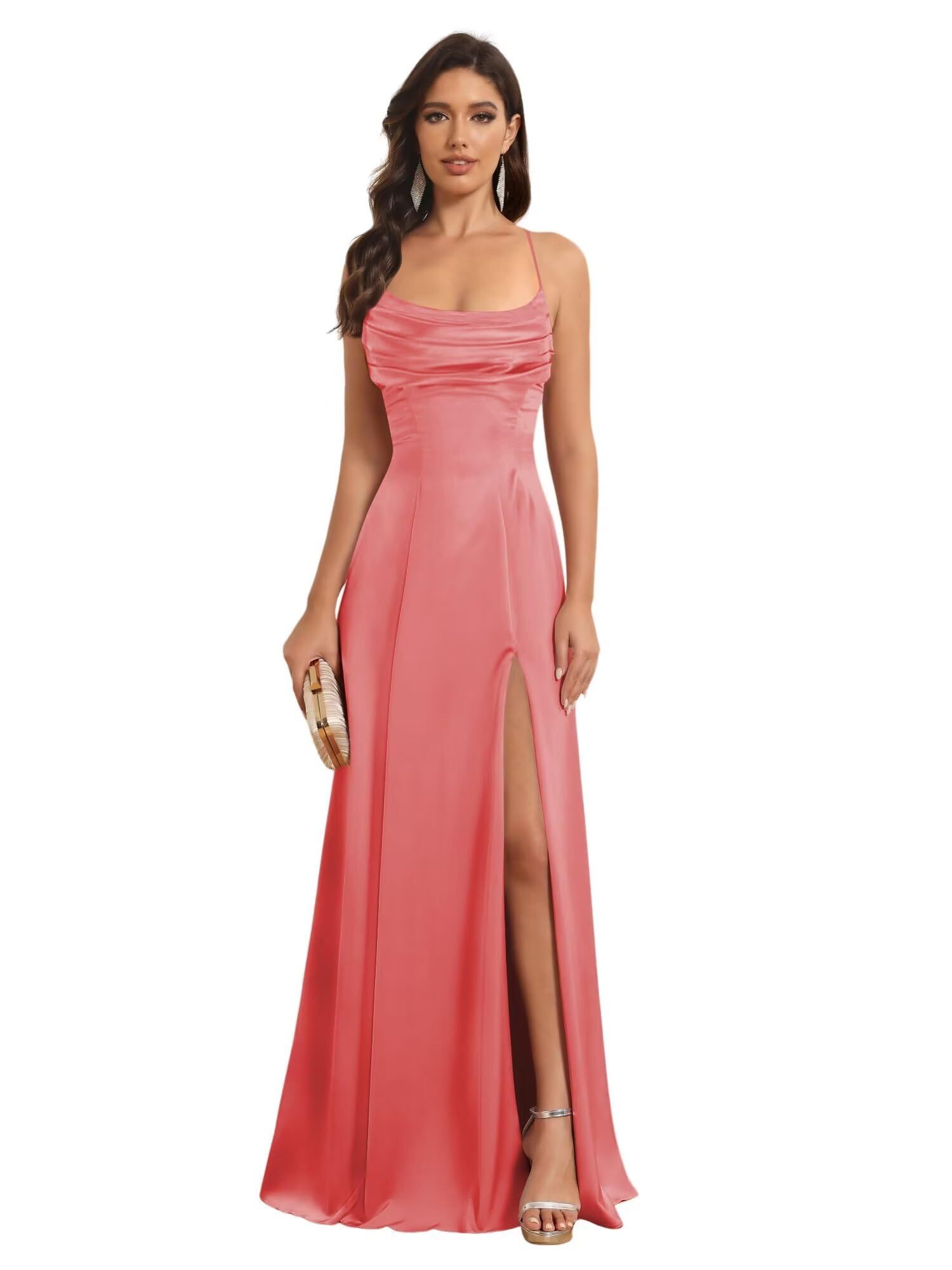 Satin Spaghetti Strap A-Line Floor-Length Bridesmaid Dress with Side Slit