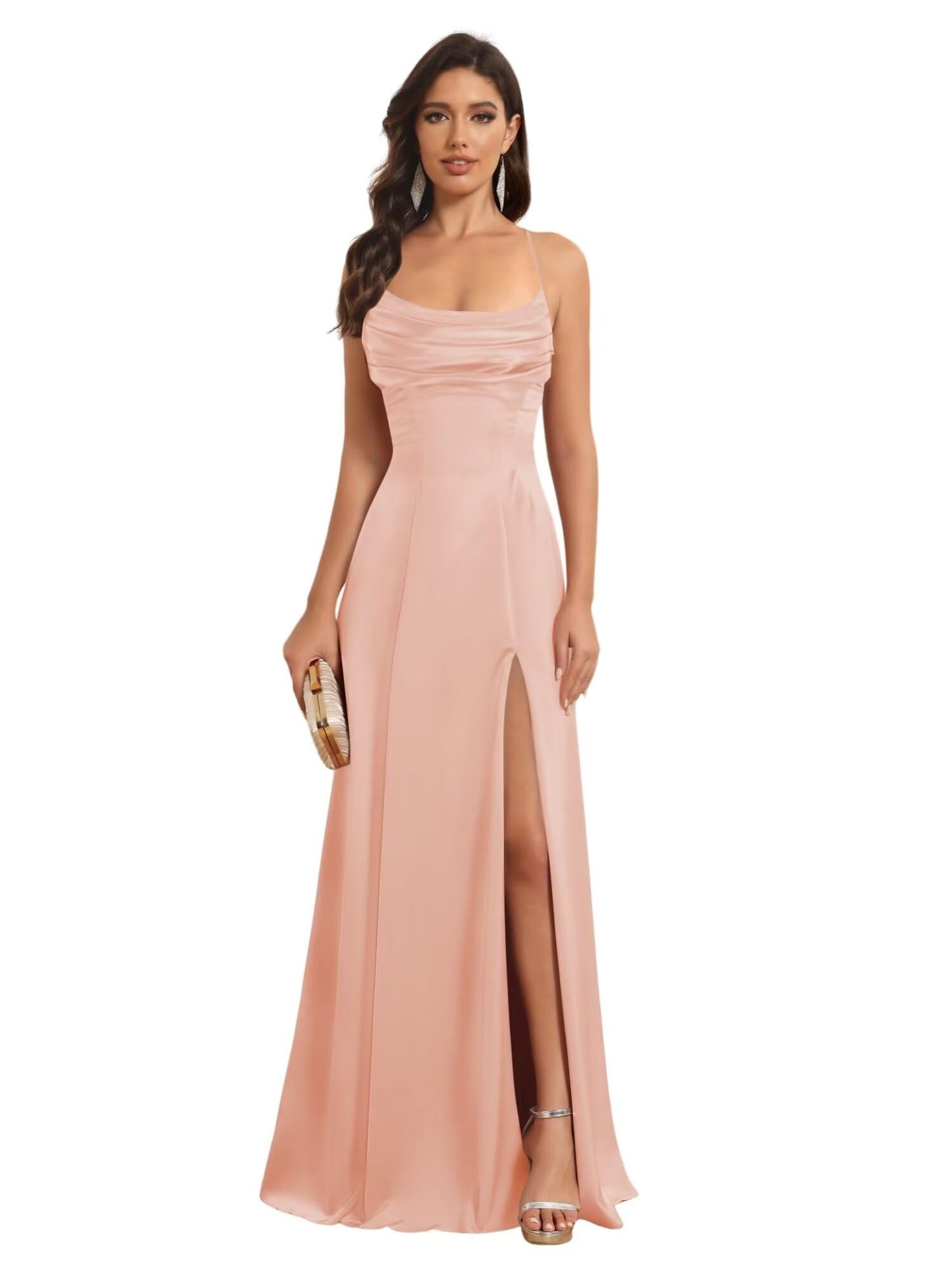 Satin Spaghetti Strap A-Line Floor-Length Bridesmaid Dress with Side Slit