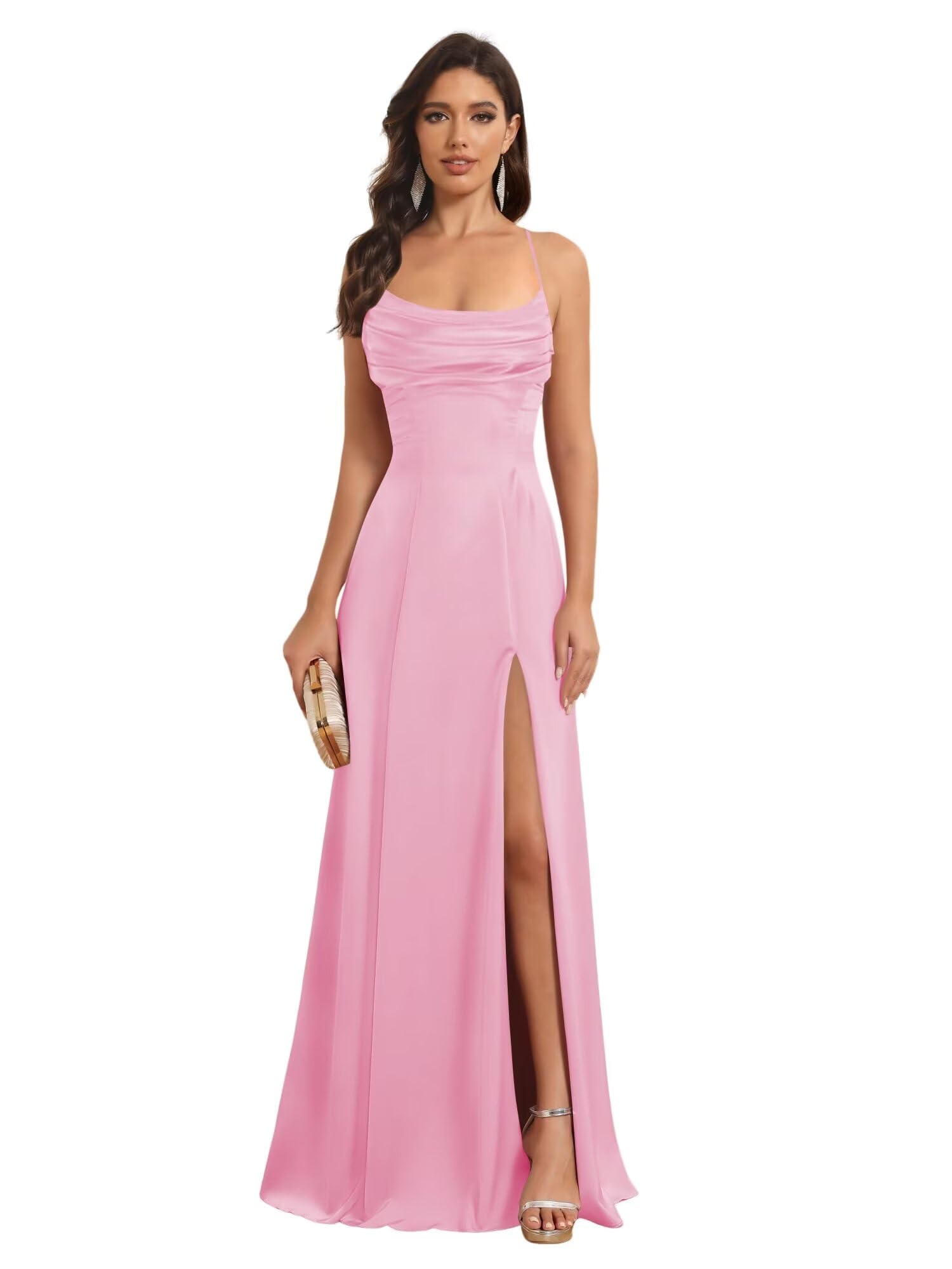 Satin Spaghetti Strap A-Line Floor-Length Bridesmaid Dress with Side Slit