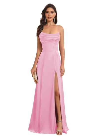 Satin Spaghetti Strap A-Line Floor-Length Bridesmaid Dress with Side Slit