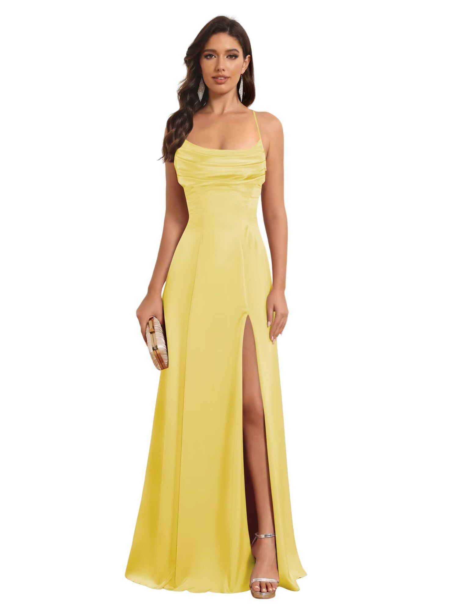 Satin Spaghetti Strap A-Line Floor-Length Bridesmaid Dress with Side Slit