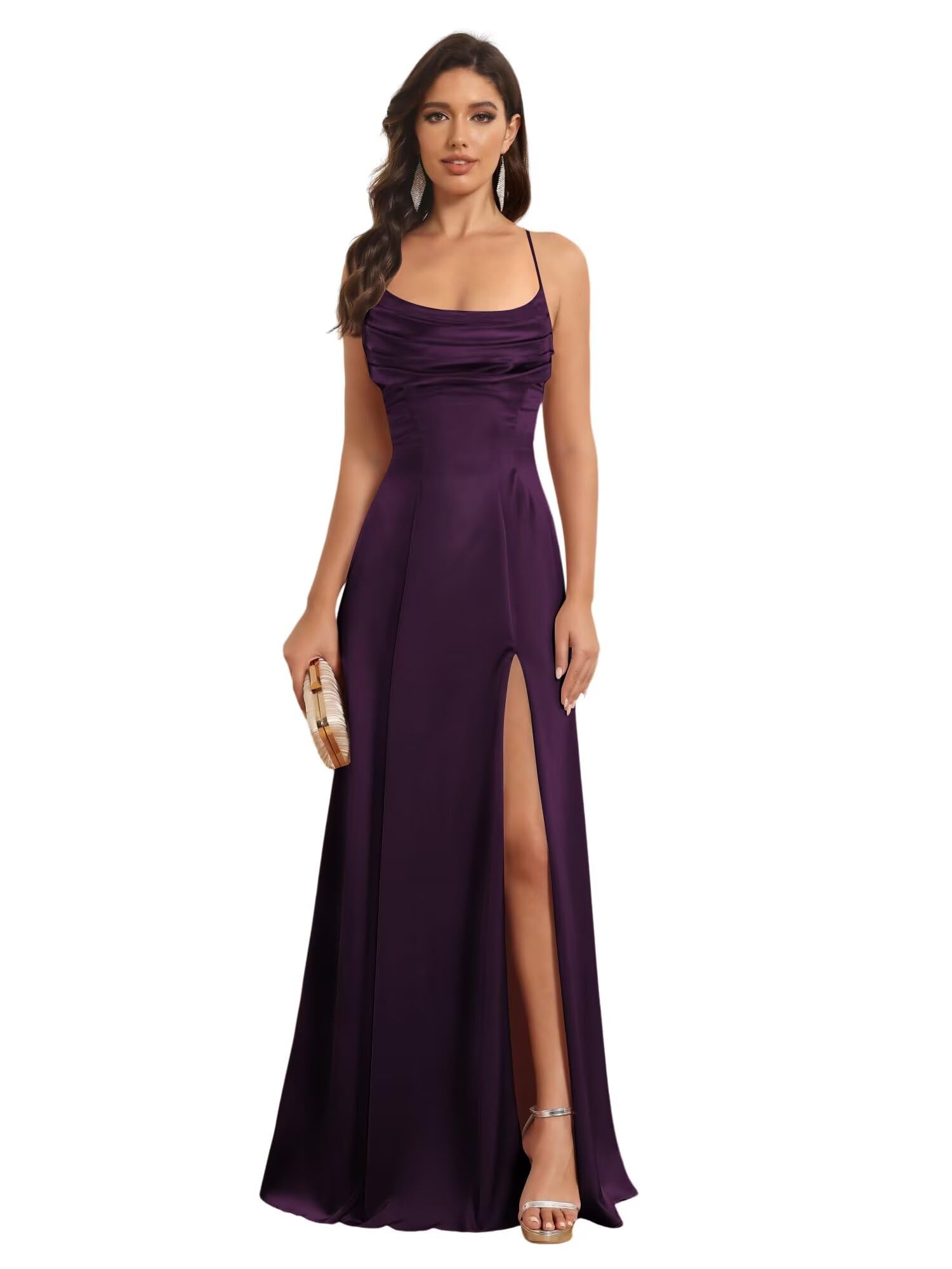 Satin Spaghetti Strap A-Line Floor-Length Bridesmaid Dress with Side Slit