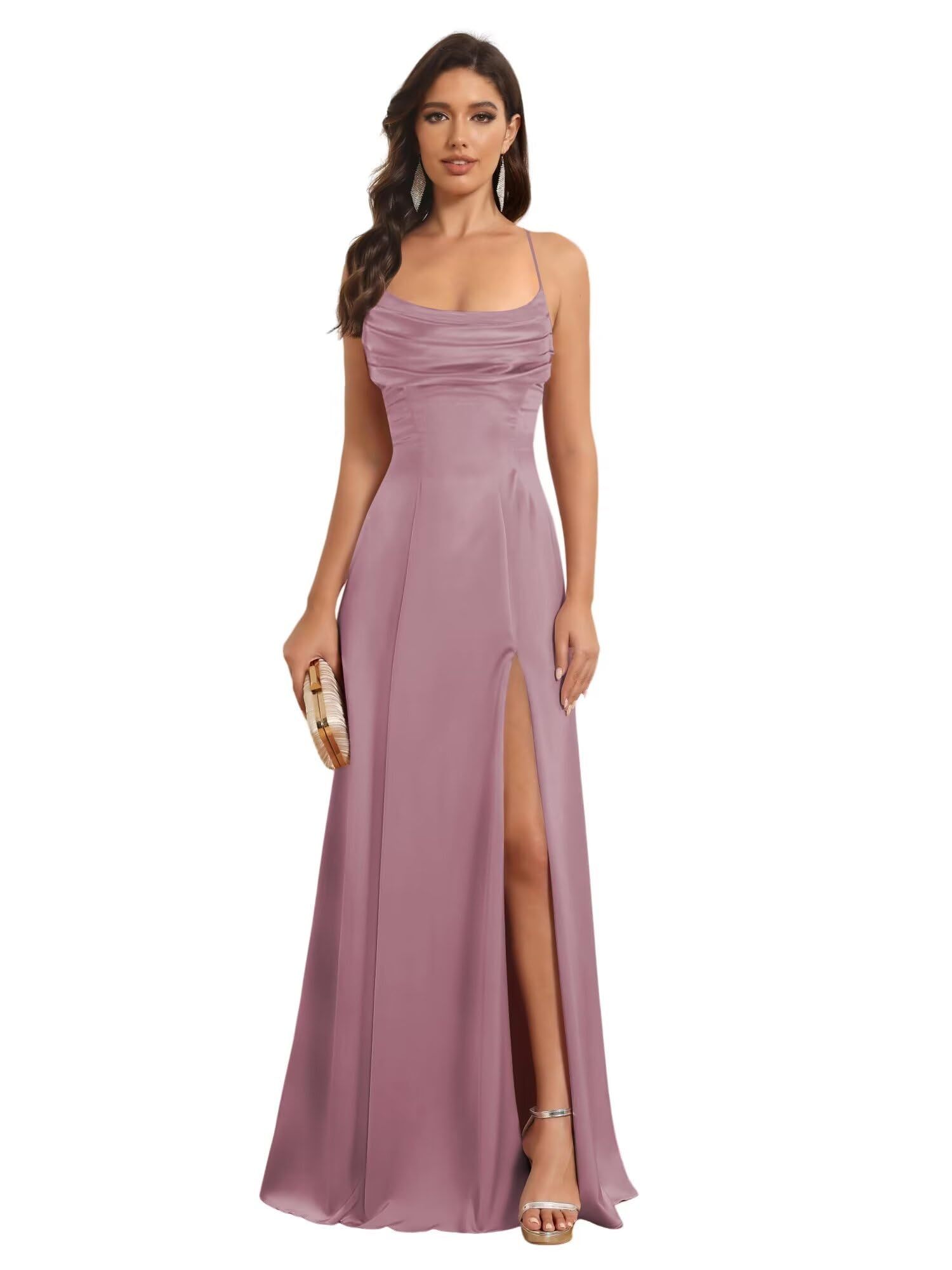 Satin Spaghetti Strap A-Line Floor-Length Bridesmaid Dress with Side Slit