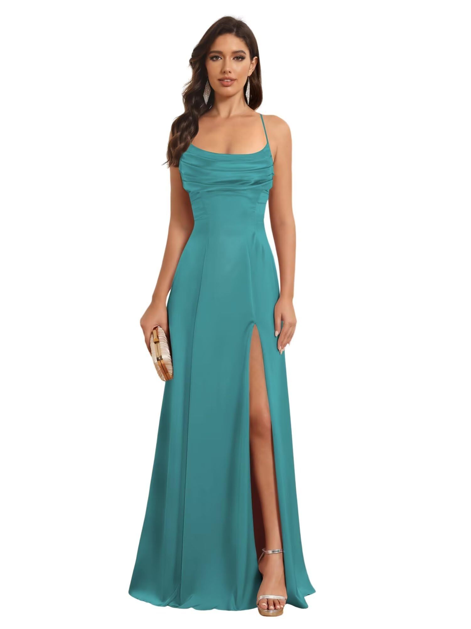 Satin Spaghetti Strap A-Line Floor-Length Bridesmaid Dress with Side Slit