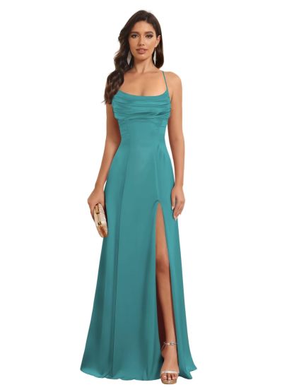 Satin Spaghetti Strap A-Line Floor-Length Bridesmaid Dress with Side Slit