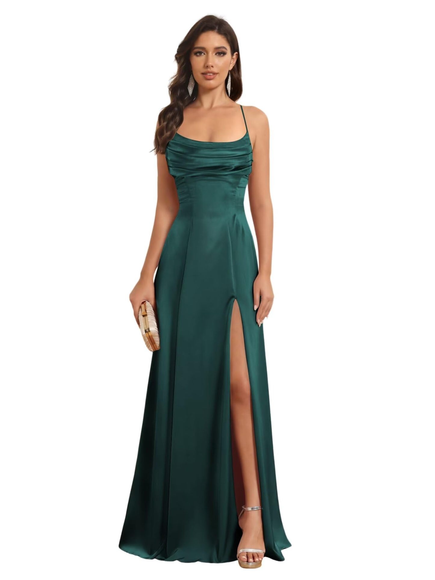 Satin Spaghetti Strap A-Line Floor-Length Bridesmaid Dress with Side Slit